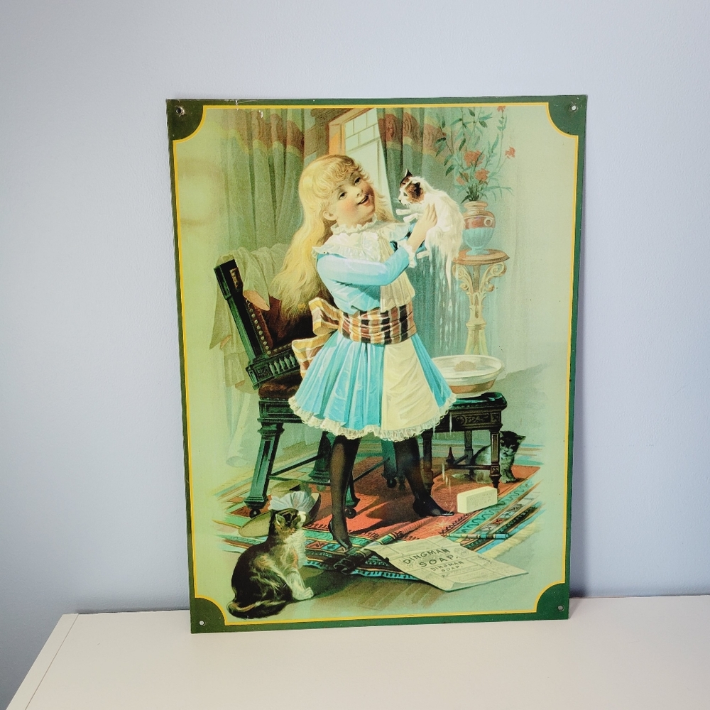 Vintage Dingman Soap Advertising Tin Sign Laundry Room Home Decor Cat Bath